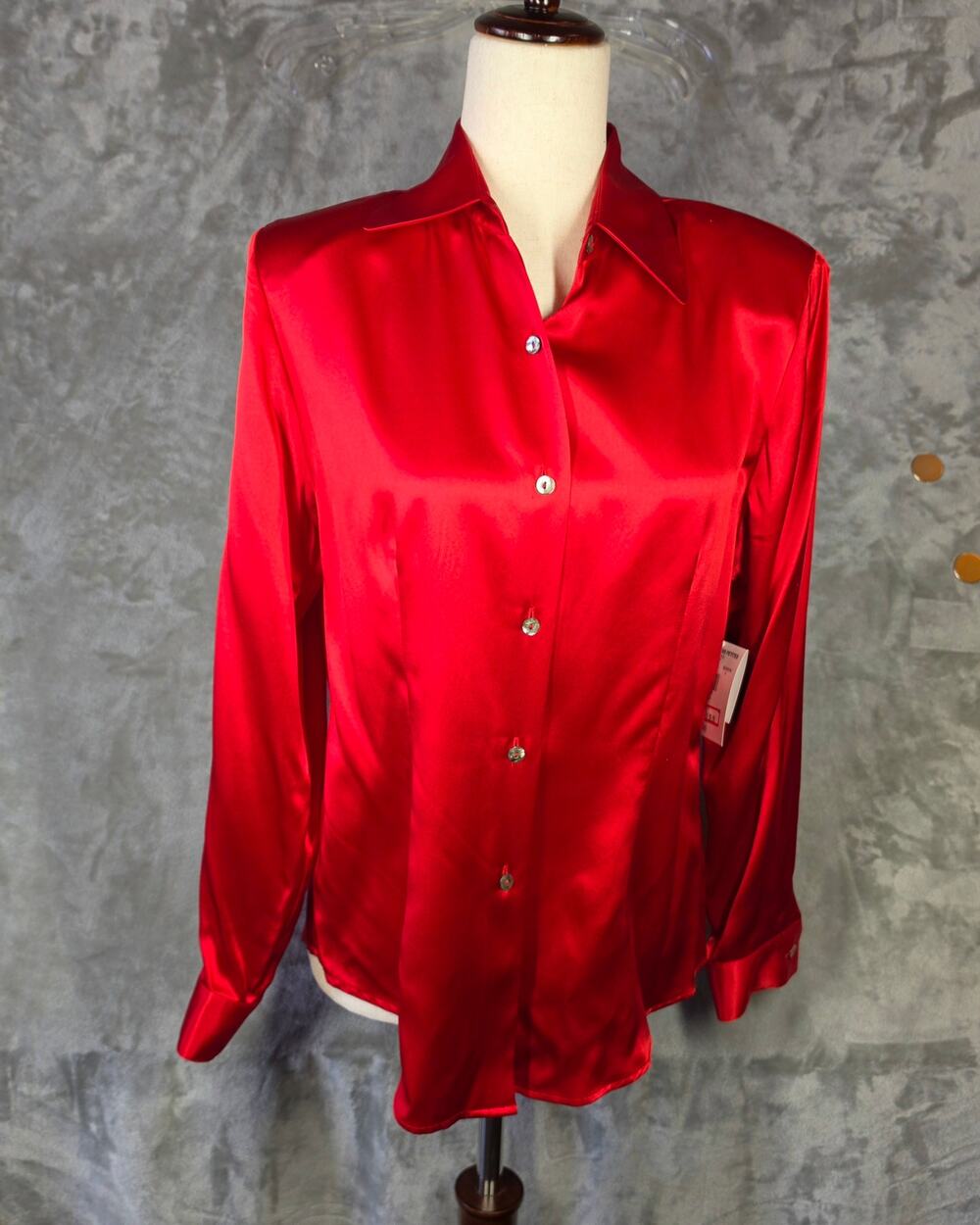 Vintage Deadstock Valerie Stevens Red 100% Silk Blouse Petite 8 NWT Shoulder Pad